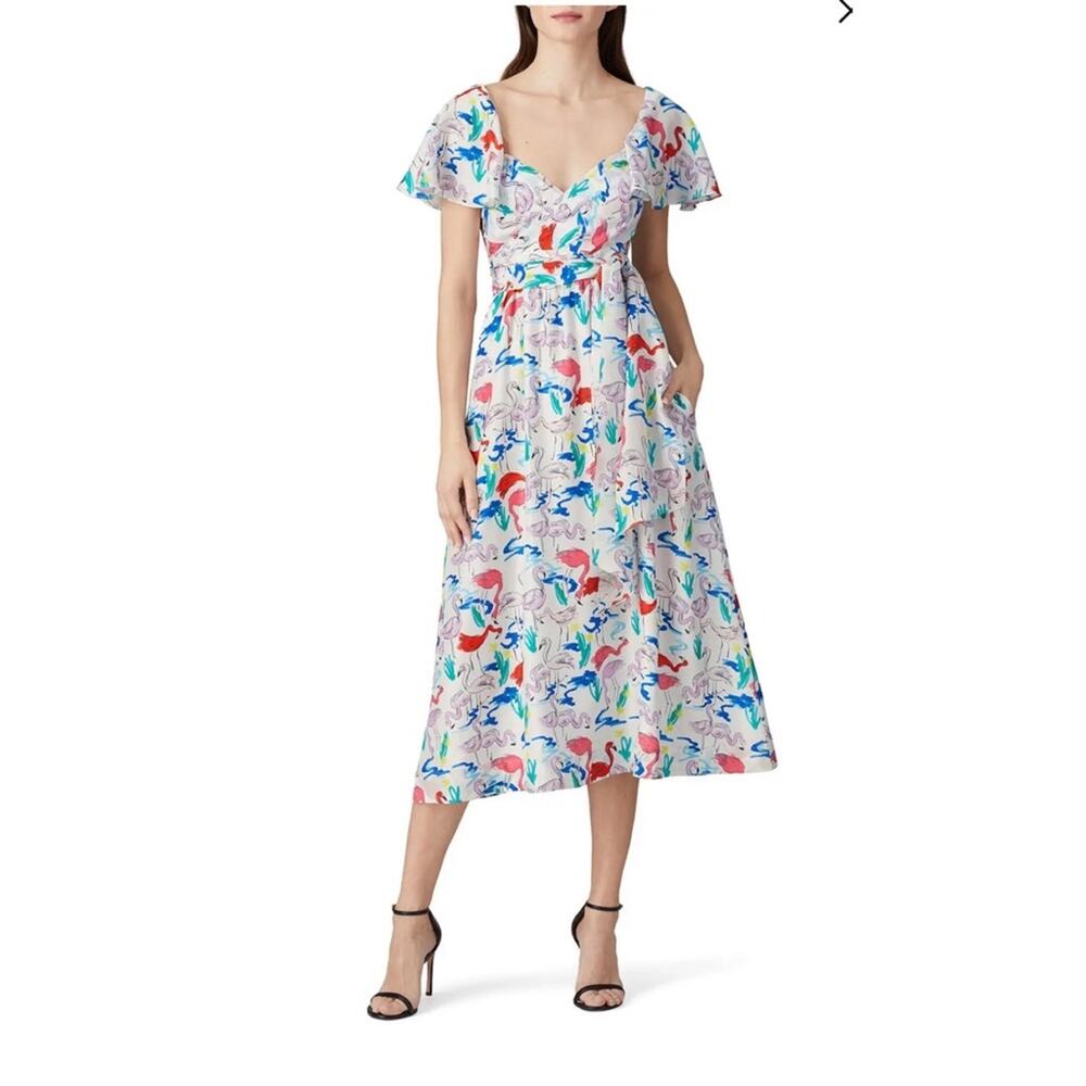 Tanya Taylor White Colorful Flamingo Wrap Bodice Teigan Silk Midi Dress 4